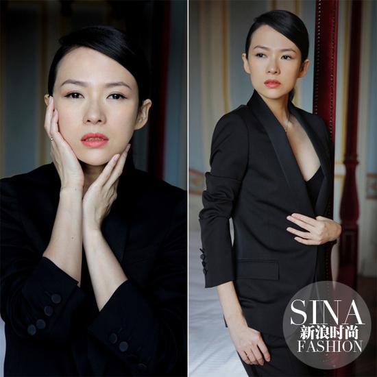 章子怡穿黑西裝耍帥