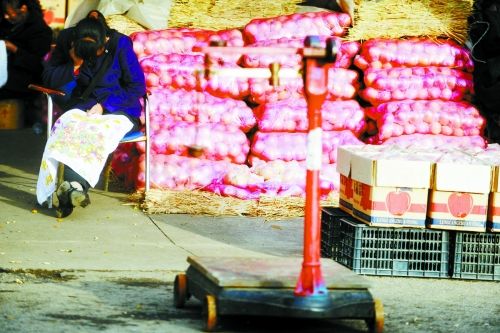 水果批發(fā)市場內(nèi)，沒有客戶時，商戶在繡十字繡