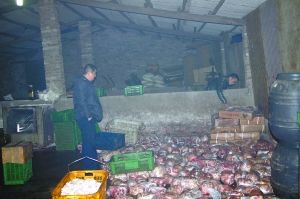  警方現(xiàn)場查獲的大量病死豬肉及“問題”腌臘制品。 沙區(qū)警方供圖