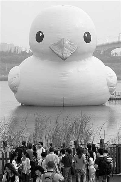 前日，大黃鴨首秀時(shí)，皮膚發(fā)皺、嘴巴尖尖朝下嘟，顯得頗為“委屈”。