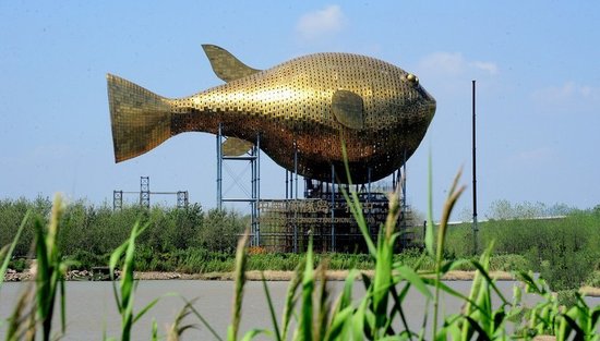 昨天，揚(yáng)中市西沙島，正在施工的河豚塔金光閃閃