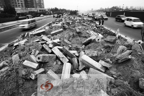 中州大道部分路段，綠化帶成了垃圾場。