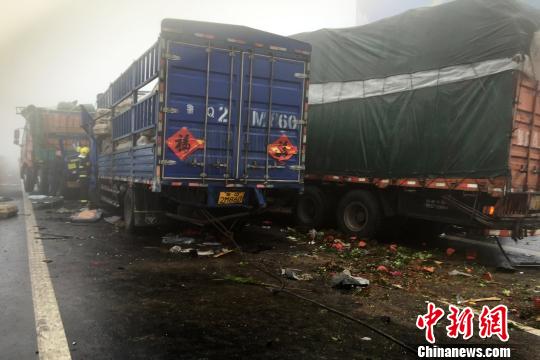 圖為21日，蘭南高速河南段車禍事故現(xiàn)場一片狼藉?！」啤z