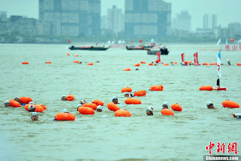 圖為江面上的橫渡方隊(duì)里的選手們劈波斬浪。中新社發(fā) 張暢 攝