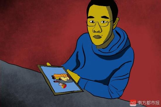 王煥凱看著一家人幸福的合照，黯然神傷，悔不當(dāng)初。（畫作者：吳斌）