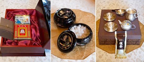 　當?shù)貢r間2014年7月4日，韓國總統(tǒng)樸槿惠向中國國家主席習近平贈送的紅參和茶具等。