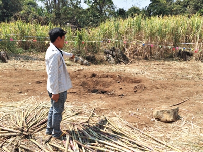 昨日，在大水桑樹村，村民向記者展示13日造成5死8傷的炸彈事件彈坑。