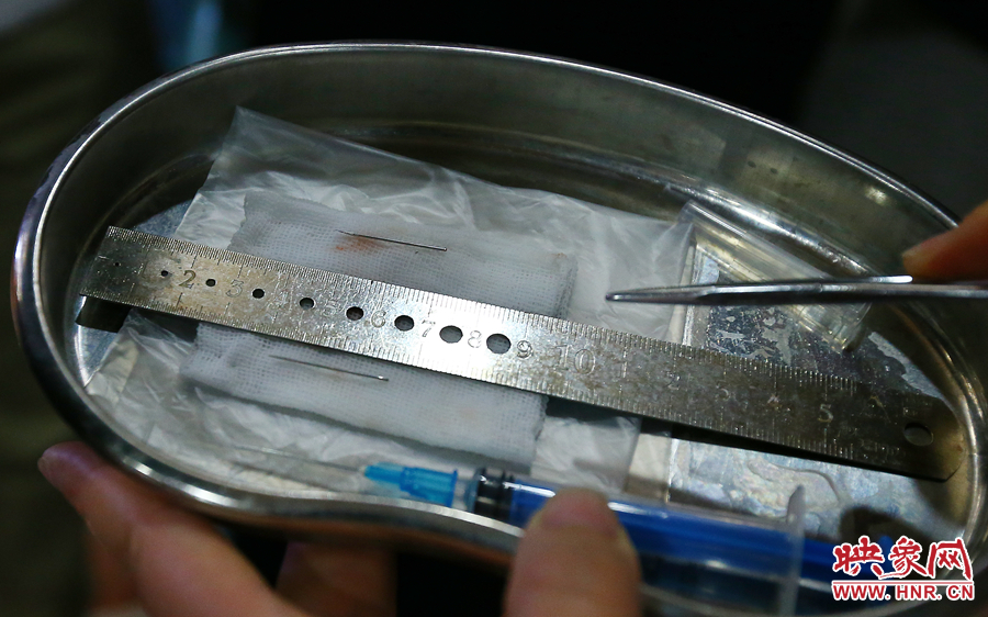 大龍顱內(nèi)取出的鋼針（上）和小龍顱內(nèi)的一樣（下），均為2.5厘米