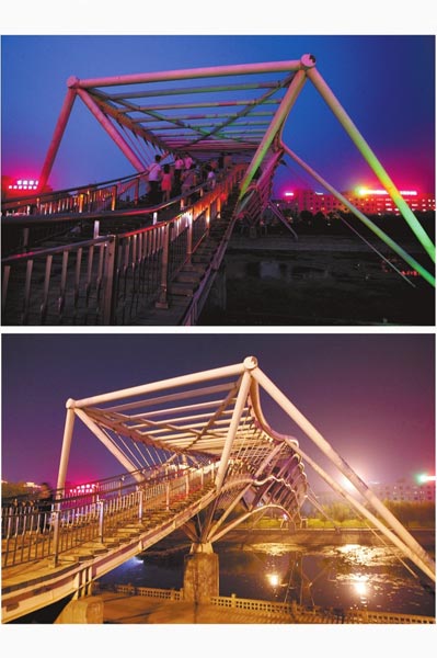 花園路西側(cè)東風(fēng)渠景觀橋，上圖攝于7月31日晚間，下圖攝于10月9日晚間。