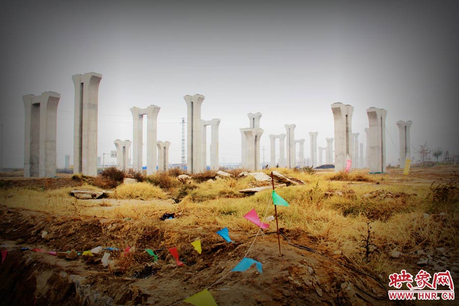 由于項目已經停工數月，施工工地上很難見到工人，設備也很少，雜草叢生，顯得非常荒涼。