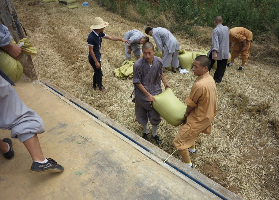 武僧將打包后的糧食集中至運(yùn)輸車輛上。