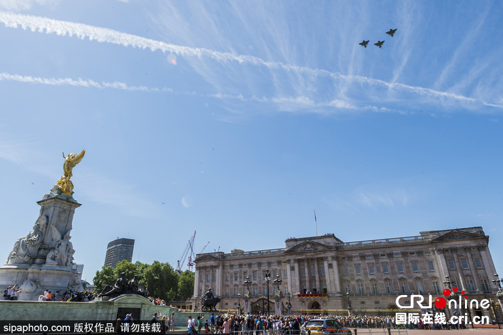 數(shù)架颶風(fēng)噴火戰(zhàn)斗機(jī)和臺(tái)風(fēng)戰(zhàn)斗機(jī)編隊(duì)飛躍白金漢宮上空，參加了紀(jì)念儀式。