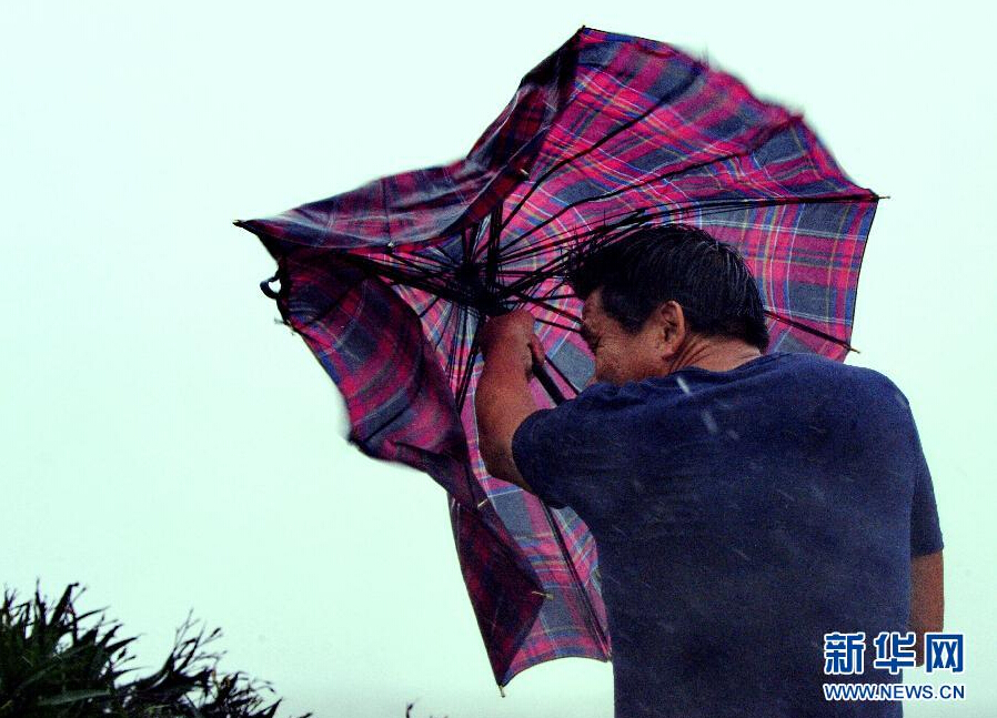 8月8日，福建省石獅市漁民在風(fēng)雨中前行。