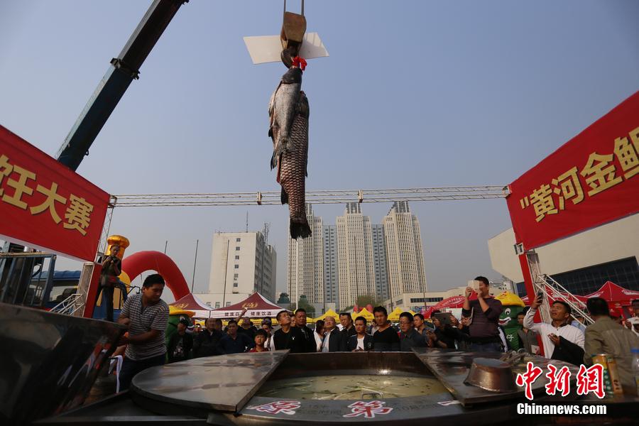 起重機(jī)吊起161.2斤魚(yú)王下鍋。 圖片來(lái)源：CFP視覺(jué)中國(guó)