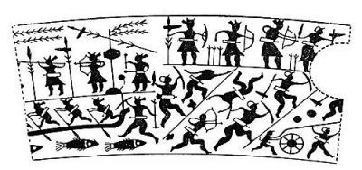 衛(wèi)輝市山彪鎮(zhèn)發(fā)掘出的戰(zhàn)國水陸攻戰(zhàn)紋銅鑒，上面有古人乘舟水戰(zhàn)的場面。