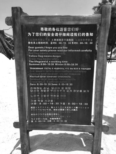 大東海海灘上用多國(guó)語(yǔ)言設(shè)立的安全告示。